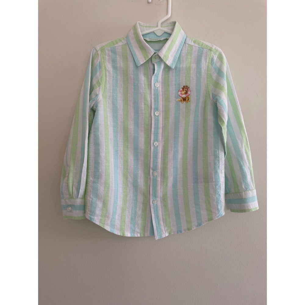 Janie and Jack x Gray Malin Boys Striped Linen Cotton Shirt Green Blue Size 4 - Picture 5 of 12